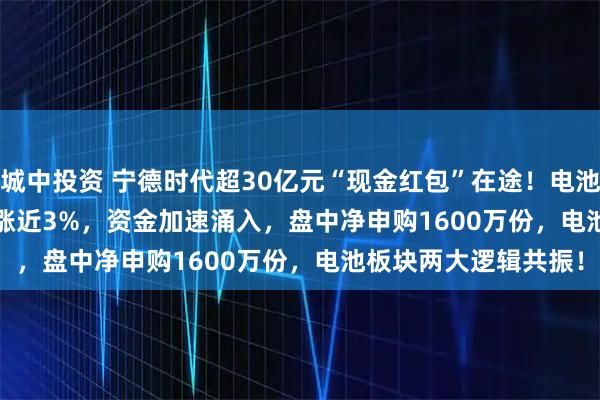 城中投资 宁德时代超30亿元“现金红包”在途！电池50ETF(159796)大涨近3%，资金加速涌入，盘中净申购1600万份，电池板块两大逻辑共振！